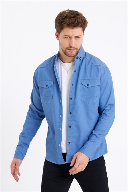 Erkek Mavi Çift Cepli Çıt Çıt Düğmeli Slim Fit Kot Gömlek-tcktgmlkr02s