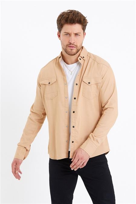 Erkek Mavi Çift Cepli Çıt Çıt Düğmeli Slim Fit Kot Gömlek-tcktgmlkr02s