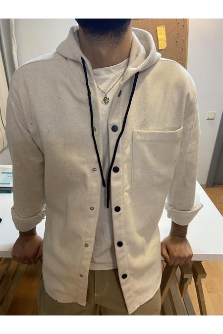 Erkek Bej Tek Cep Kapaklı Slim Fit Kapüşonlu Oduncu Gömlek