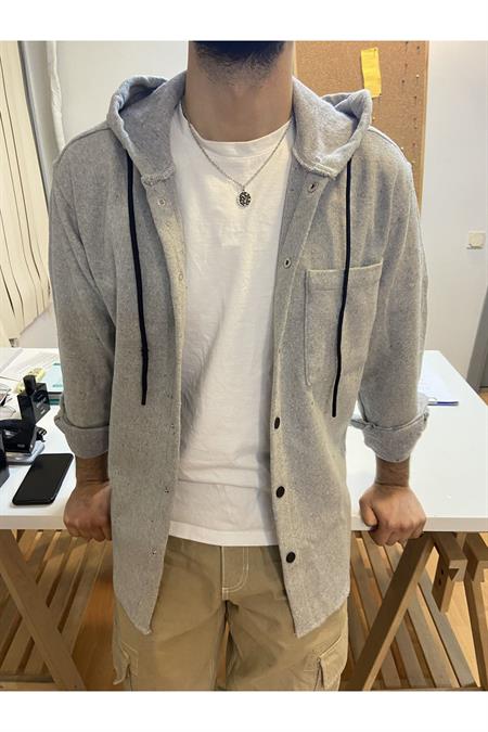Erkek Bej Tek Cep Kapaklı Slim Fit Kapüşonlu Oduncu Gömlek