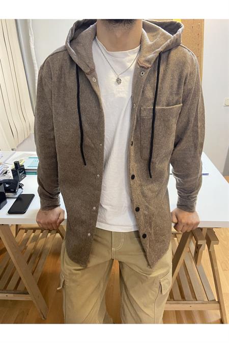 Erkek Bej Tek Cep Kapaklı Slim Fit Kapüşonlu Oduncu Gömlek