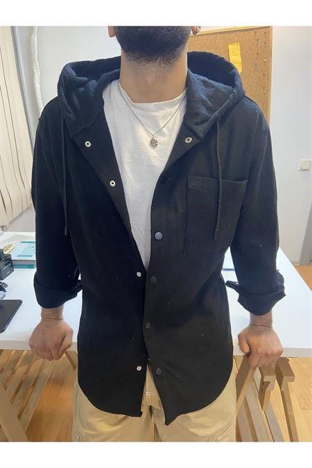 Erkek Bej Tek Cep Kapaklı Slim Fit Kapüşonlu Oduncu Gömlek