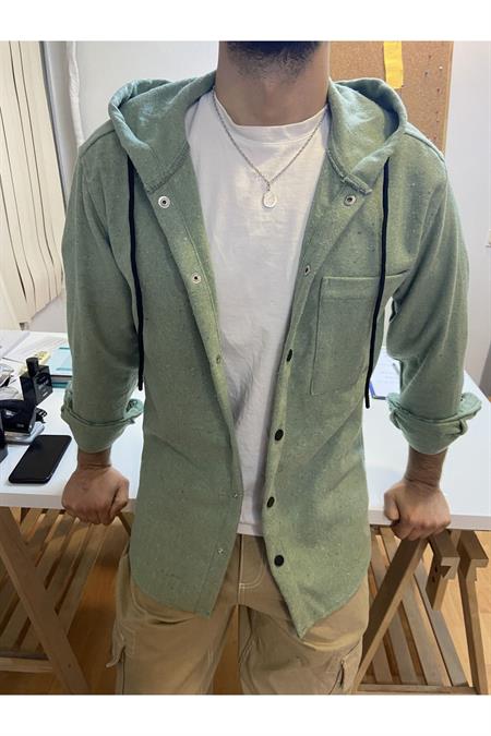 Erkek Bej Tek Cep Kapaklı Slim Fit Kapüşonlu Oduncu Gömlek