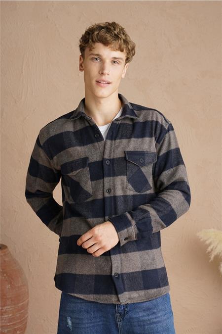 Erkek Kahverengi-lacivert Çizgili Oduncu Gömleği-odg001r374s