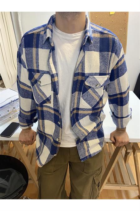 Kırık Beyaz Erkek Slim Fit Düğmeli Yaka Çift Cepli Düz Oduncu Gömlek