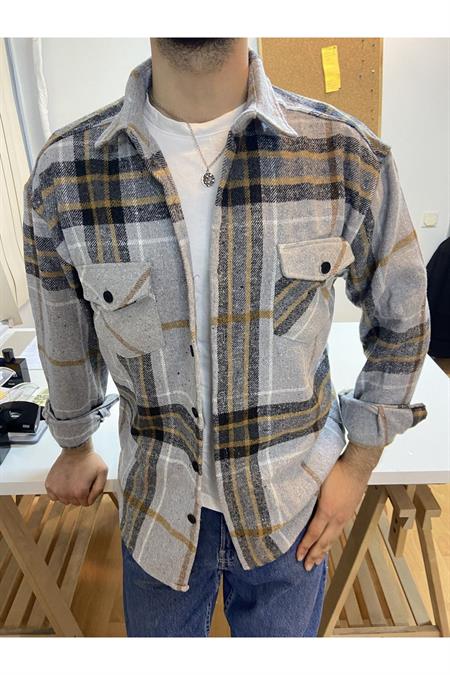 Erkek Füme-İndigo Çift Cep Kapaklı Slim Fit Oduncu Gömlek