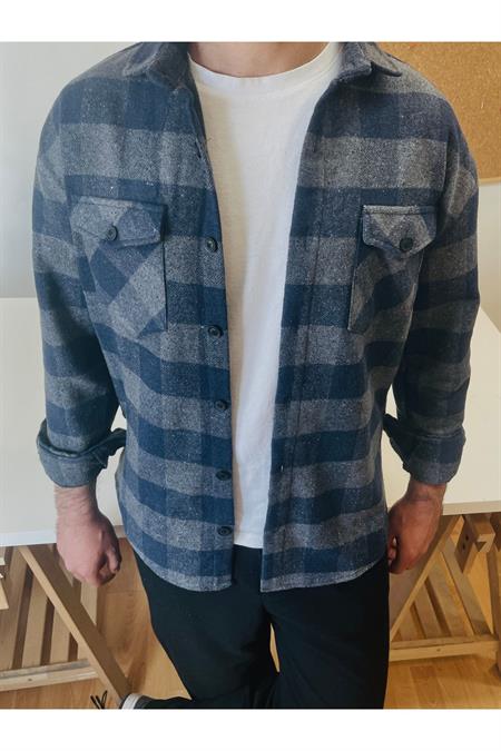 Erkek Füme-İndigo Çift Cep Kapaklı Slim Fit Oduncu Gömlek