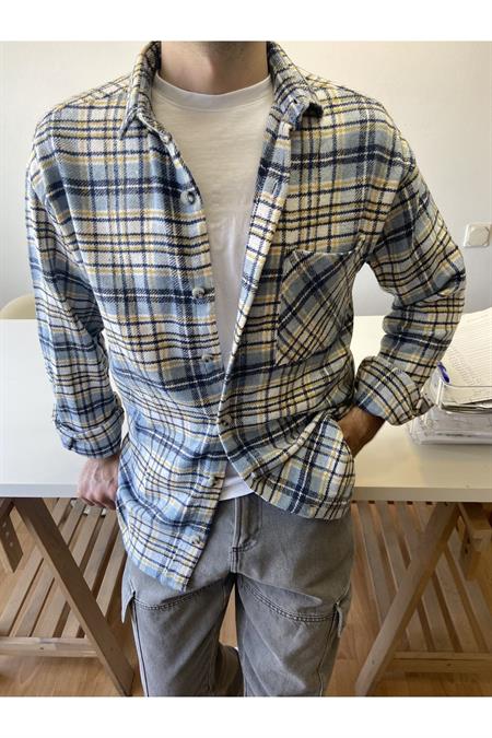 Erkek Füme-İndigo Çift Cep Kapaklı Slim Fit Oduncu Gömlek