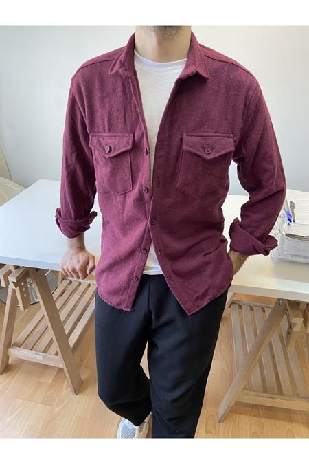 Bordo Erkek Slim Fit Çift Cep Kapaklı Oduncu Gömlek