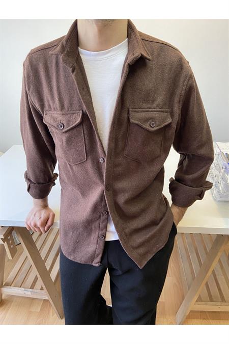 Bordo Erkek Slim Fit Çift Cep Kapaklı Oduncu Gömlek