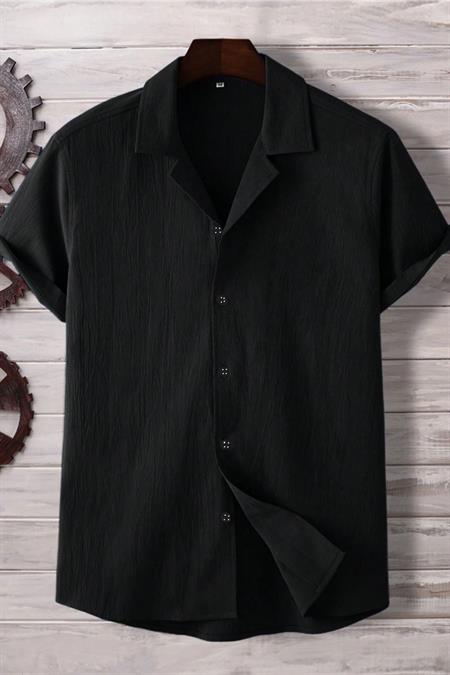 Lacivert Yarım Regular Apaş Yaka Kısa Kol Müslin Kumaş Erkek Gömlek