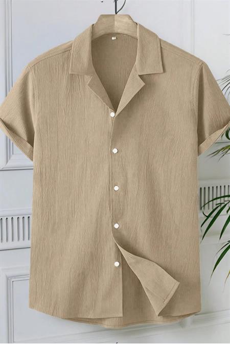 Lacivert Yarım Regular Apaş Yaka Kısa Kol Müslin Kumaş Erkek Gömlek