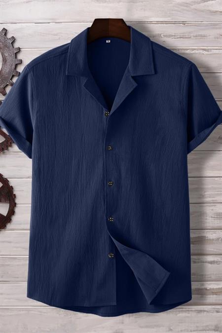 Lacivert Yarım Regular Apaş Yaka Kısa Kol Müslin Kumaş Erkek Gömlek