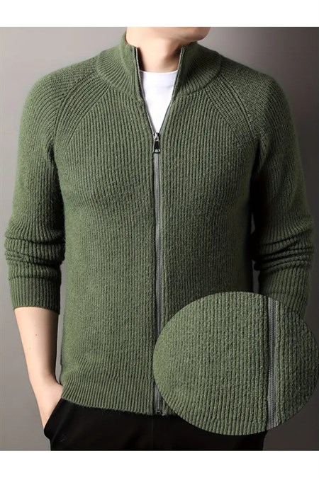 Erkek Dik Yaka Fermuarlı Slim Fit Triko Hırka