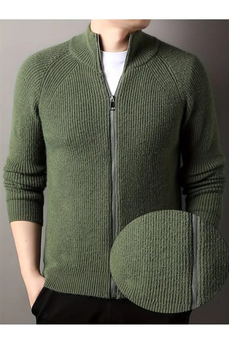 Erkek Dik Yaka Fermuarlı Slim Fit Triko Hırka