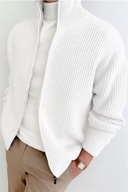 Erkek Dik Yaka Fermuarlı Slim Fit Triko Hırka