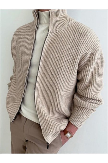 Erkek Dik Yaka Fermuarlı Slim Fit Triko Hırka