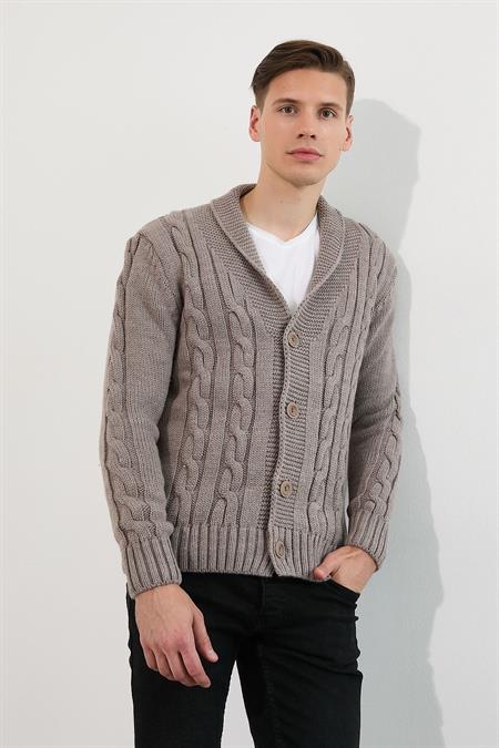 Erkek Krem Saç Örgü Şal Yaka Hırka-hrk8080r04