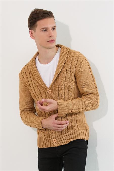 Erkek Krem Saç Örgü Şal Yaka Hırka-hrk8080r04