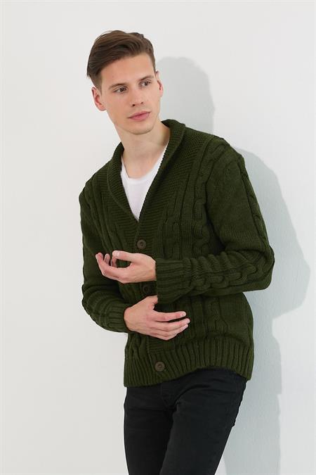 Erkek Krem Saç Örgü Şal Yaka Hırka-hrk8080r04