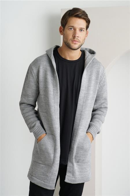 Erkek Gri Kapüşonlu Cepli Panço Triko Hırka-hrk8085r24s