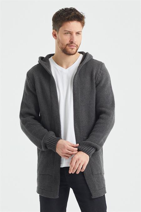 Erkek Gri Kapüşonlu Cepli Panço Triko Hırka-hrk8085r24s