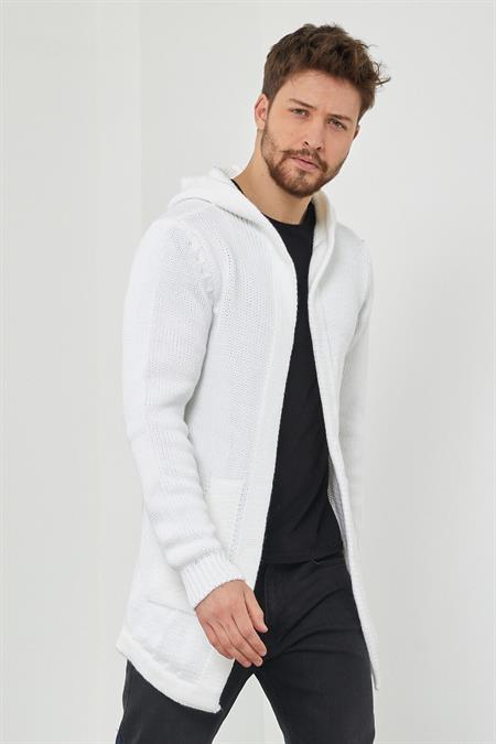 Erkek Gri Kapüşonlu Cepli Panço Triko Hırka-hrk8085r24s