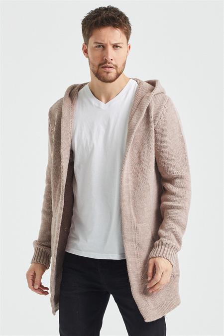 Erkek Gri Kapüşonlu Cepli Panço Triko Hırka-hrk8085r24s