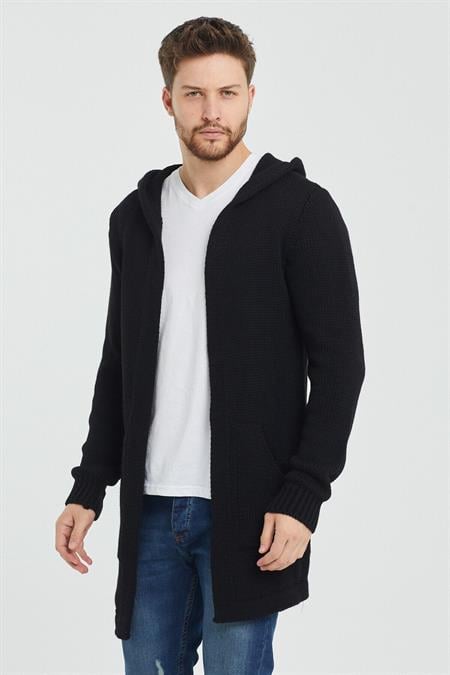 Erkek Gri Kapüşonlu Cepli Panço Triko Hırka-hrk8085r24s