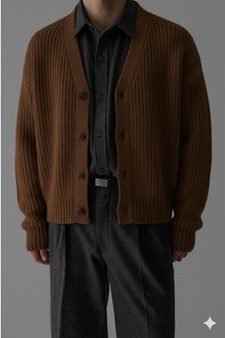 Erkek Slim Fit Pamuklu Yuvarlak Yaka Düğmeli Hırka