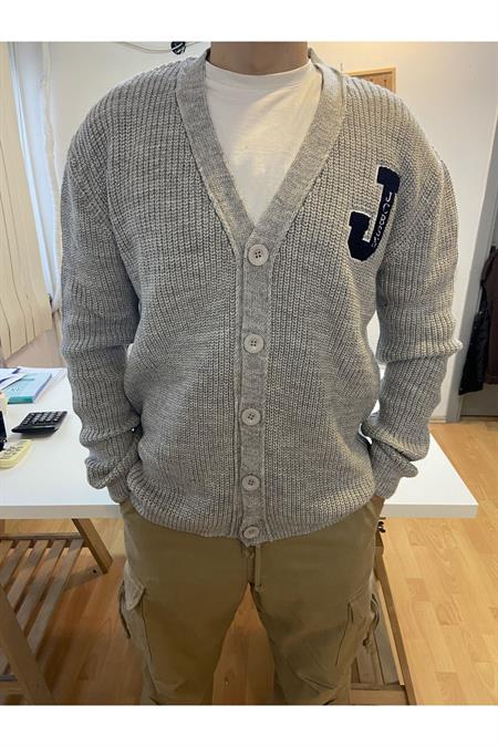 Gri Erkek Regular/Normal Kesim V Yaka Düğmeli Nakışlı Hırka