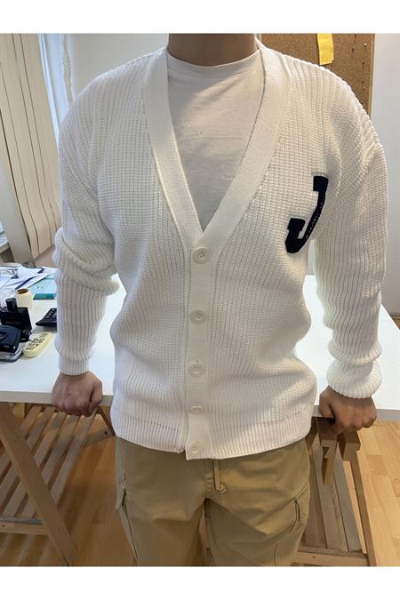 Gri Erkek Regular/Normal Kesim V Yaka Düğmeli Nakışlı Hırka