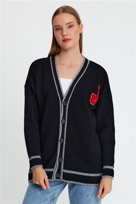 Kadın Siyah Nakışlı Düğmeli Triko Hırka-ktrz8184r03s