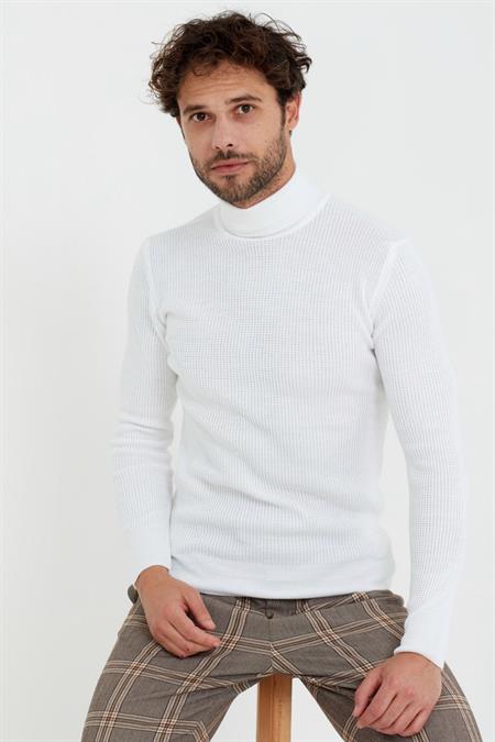 Krem Ince Petek Balıkçı Triko Kazak -blyk002r03