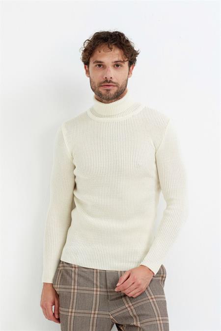 Beyaz Çizgi Örgü Balıkçı Triko Kazak -blyk005r02