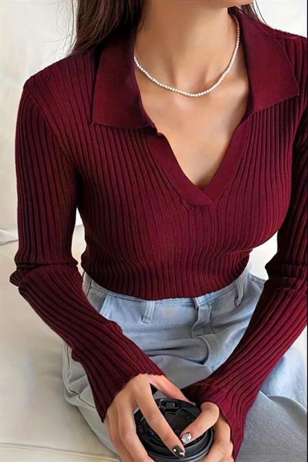 Bordo Fitilli Polo Yaka Triko Kazak
