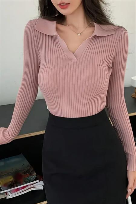 Bordo Fitilli Polo Yaka Triko Kazak