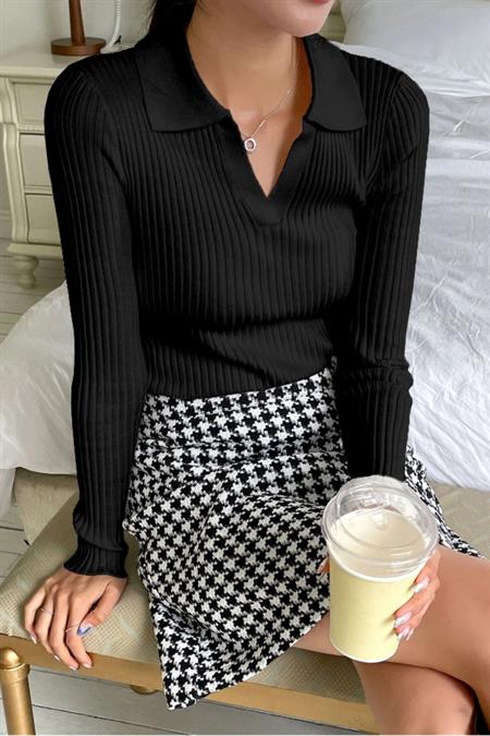 Bordo Fitilli Polo Yaka Triko Kazak