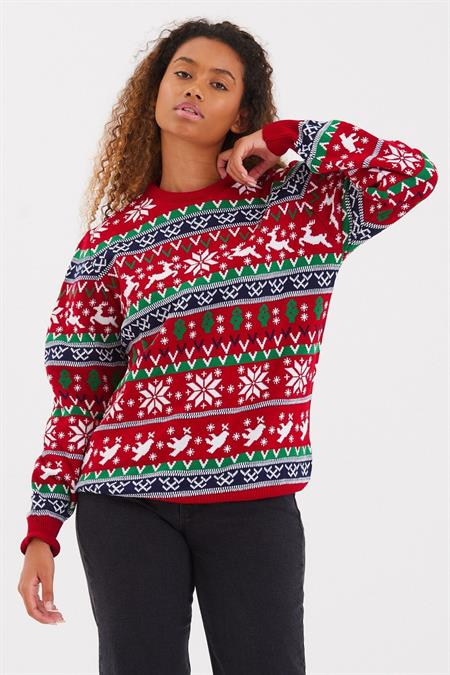 Kadın Kırmızı-yeşil-beyaz Cristmas Yılbaşı Kazağı