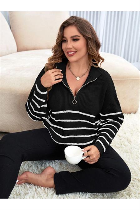 Vizon-Beyaz Kadın Oversize Fermuarlı Balıkçı Triko Kazak