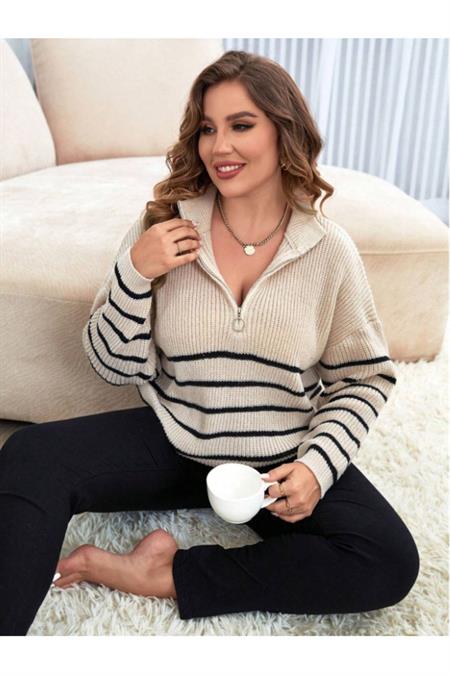 Vizon-Beyaz Kadın Oversize Fermuarlı Balıkçı Triko Kazak