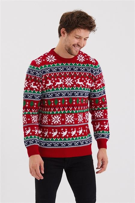 Erkek Kırmızı-yeşil-beyaz Christmas Yılbaşı Kazağı-noelkzkr200s