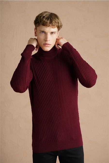 Erkek Bordo Yürütme Örgü Balıkçı Yaka Triko Kazak-trz1640r07s