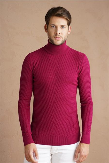 Erkek Bordo Yürütme Örgü Balıkçı Yaka Triko Kazak-trz1640r07s