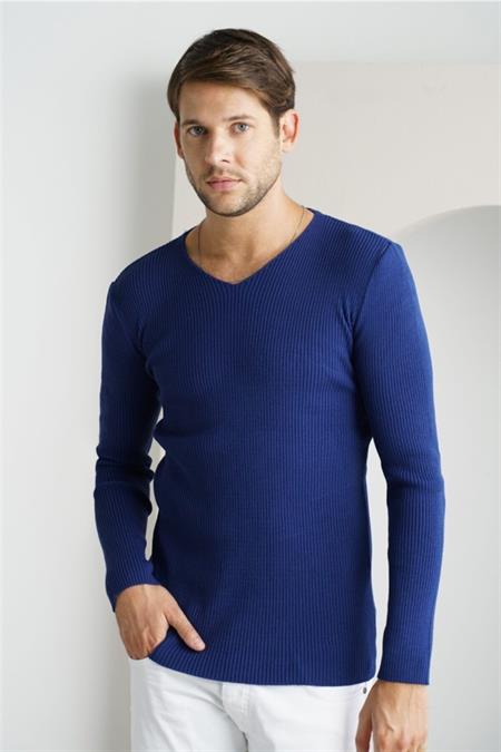 Erkek Saks V Yaka Triko Kazak-trz1753r01s