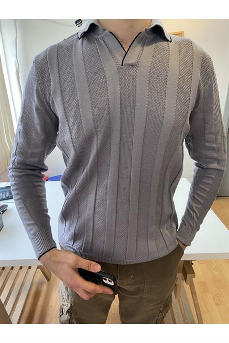Füme Erkek Kalın Şeritli Polo Yaka Triko T-Shirt