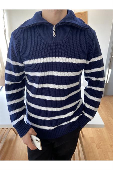 Beyaz-Siyah Erkek Regular Fermuarlı Balıkçı Triko Kazak