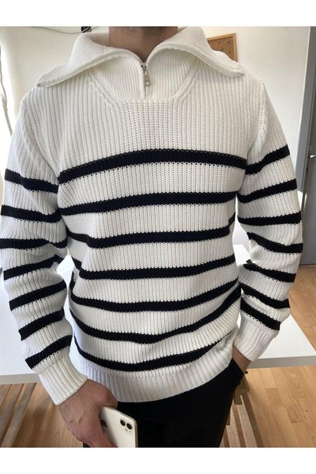 Beyaz-Siyah Erkek Regular Fermuarlı Balıkçı Triko Kazak