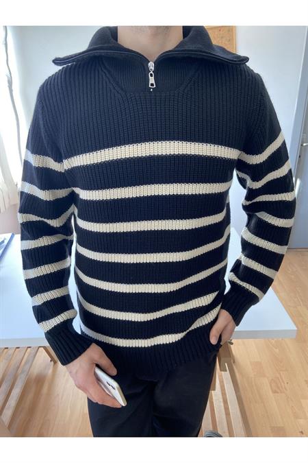 Beyaz-Siyah Erkek Regular Fermuarlı Balıkçı Triko Kazak