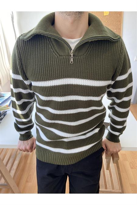 Beyaz-Siyah Erkek Regular Fermuarlı Balıkçı Triko Kazak